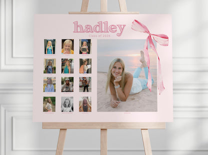 Pink Bow Photo Board for Graduation Party, K-12 School Picture Display Sign, Senior Night Memory Board, Aesthetic Decor, CANVA Template