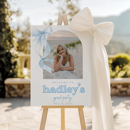 Blue Bow Graduation Welcome Sign, Canva Template, Editable Grad Party Sign, Arch Photo Aesthetic Decor, Coquette Bow