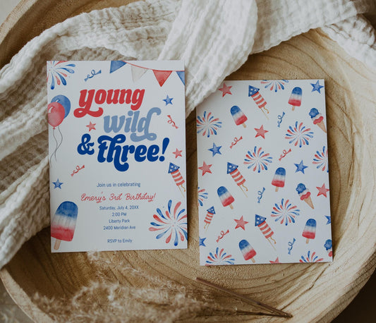 Young Wild and THREE Invitation, Third Birthday Party Invitation, 4th of July Birthday, 3rd Birthday Evite, Editable Template Printable