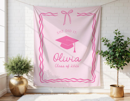 Pink Graduation Party Backdrop | She Did It Banner | Personalized Girly Bow Tapestry Decor