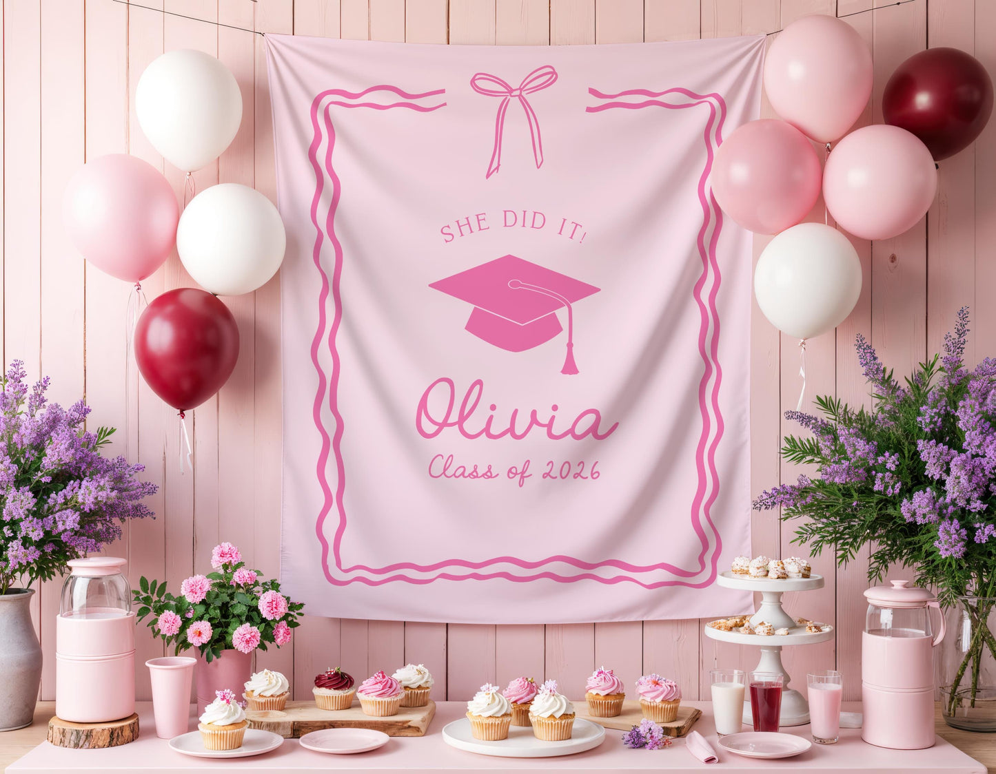 Pink Graduation Party Backdrop | She Did It Banner | Personalized Girly Bow Tapestry Decor
