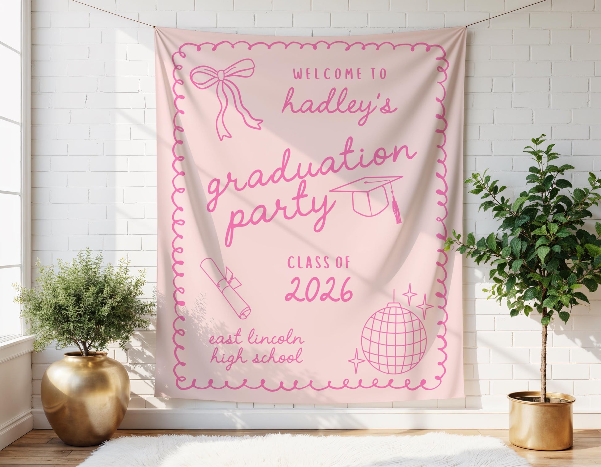 Pink Graduation Party Backdrop | She Did It Banner | Personalized Girly Bow Tapestry Decor