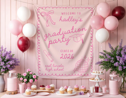 Pink Graduation Party Backdrop | She Did It Banner | Personalized Girly Bow Tapestry Decor
