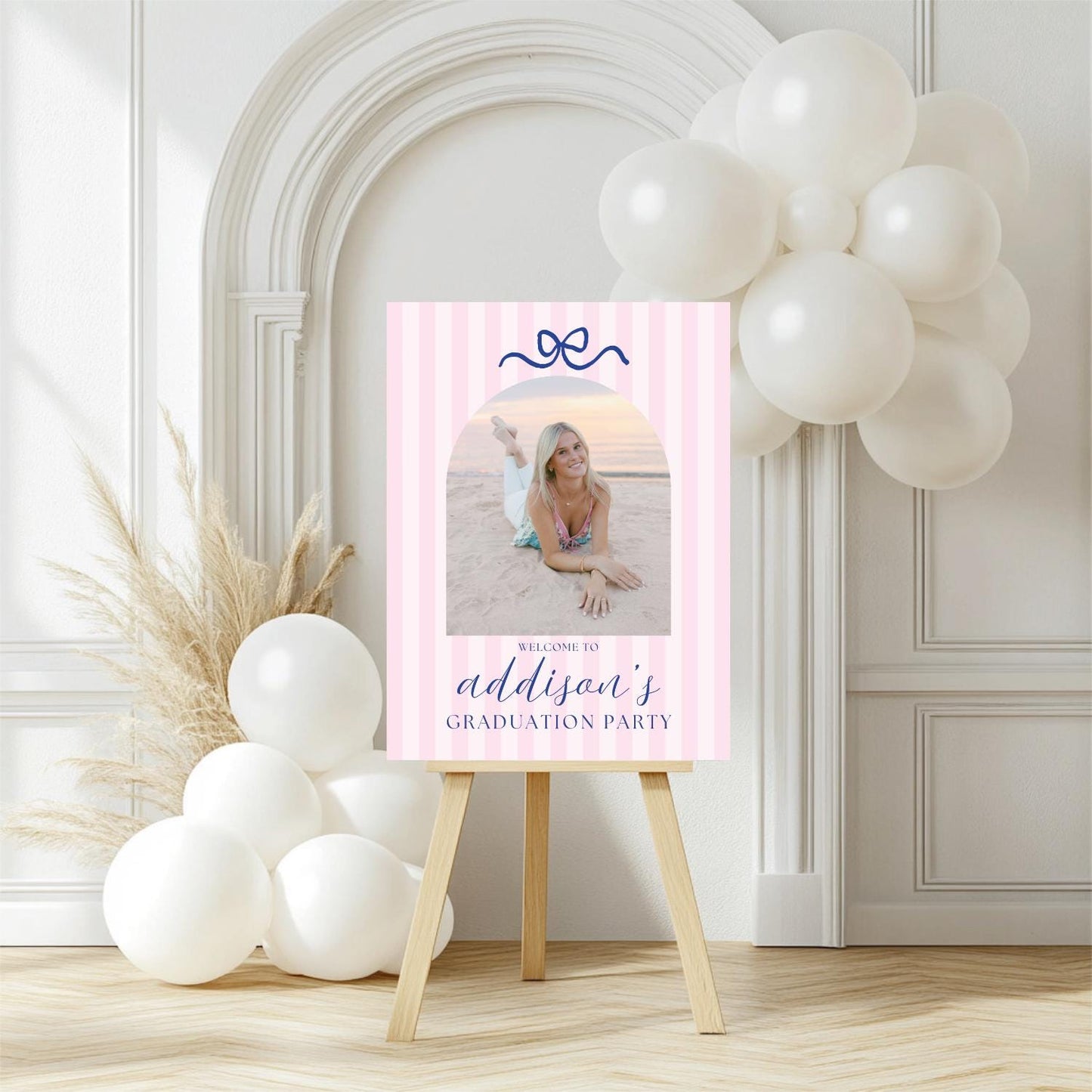 Pink Navy Bow Graduation Welcome Sign, Editable Canva Template, Arch Photo Preppy Aesthetic Party Decor