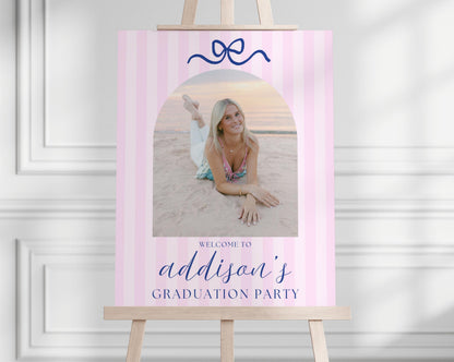 Pink Navy Bow Graduation Welcome Sign, Editable Canva Template, Arch Photo Preppy Aesthetic Party Decor