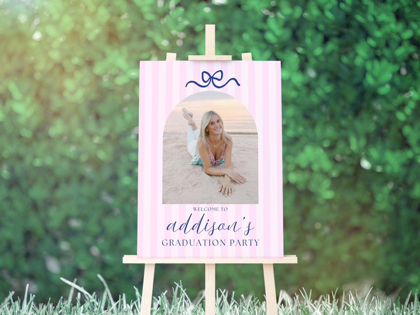 Pink Navy Bow Graduation Welcome Sign, Editable Canva Template, Arch Photo Preppy Aesthetic Party Decor