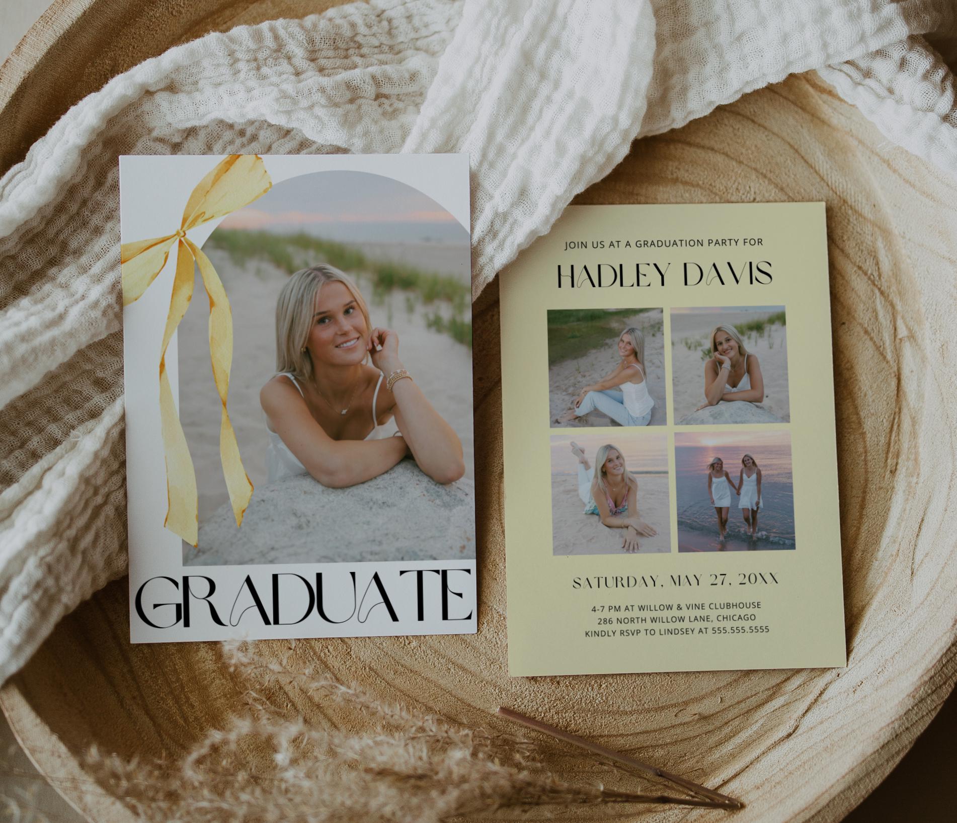 Yellow Bow Graduation Invitation, Canva Template, Editable Girly Grad Party Invite, Coquette Bow, Aesthetic Senior Announcement Photo