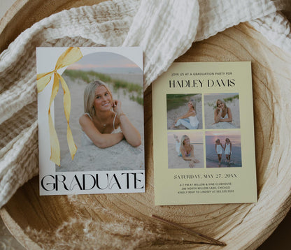 Yellow Bow Graduation Invitation, Canva Template, Editable Girly Grad Party Invite, Coquette Bow, Aesthetic Senior Announcement Photo