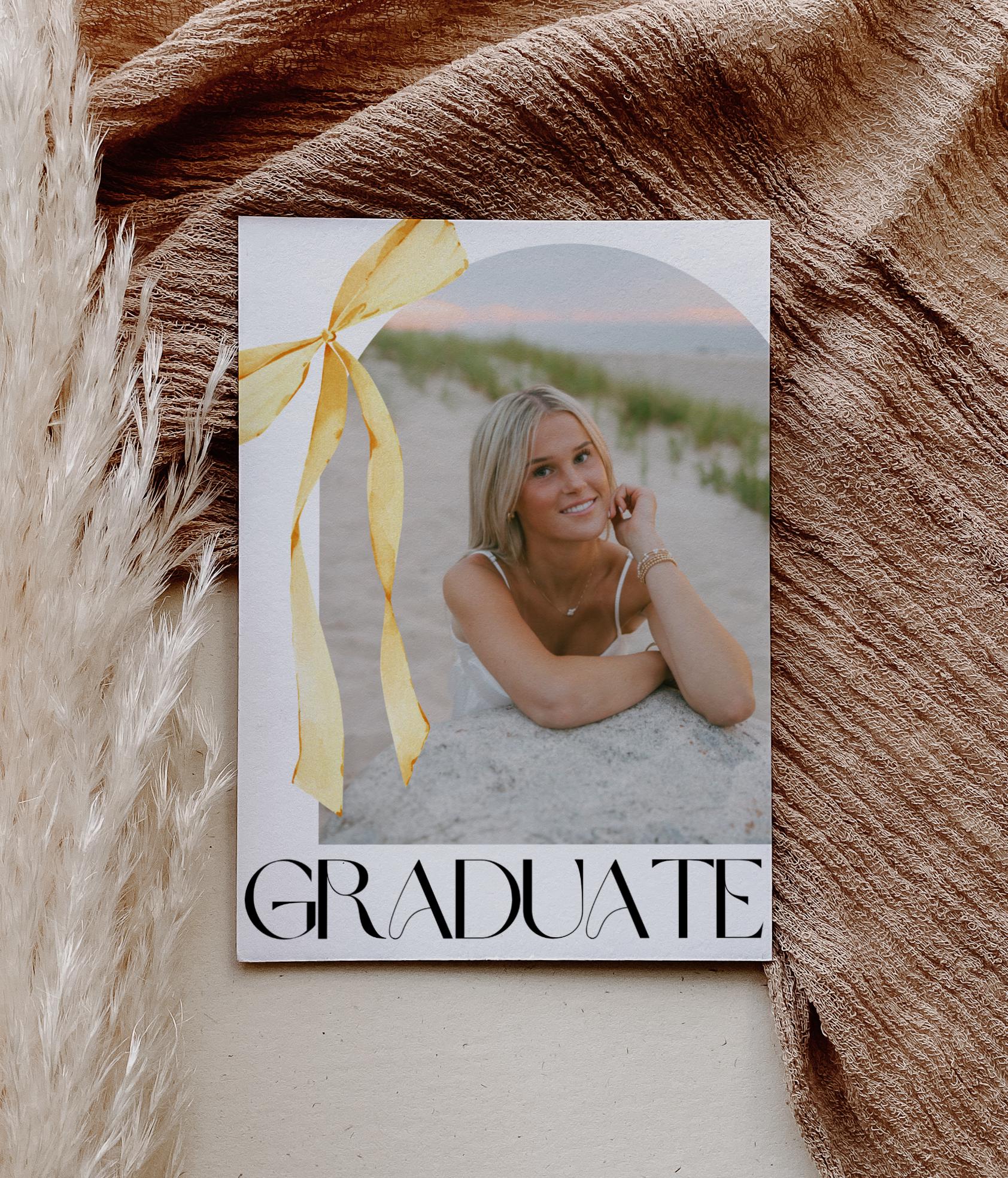 Yellow Bow Graduation Invitation, Canva Template, Editable Girly Grad Party Invite, Coquette Bow, Aesthetic Senior Announcement Photo