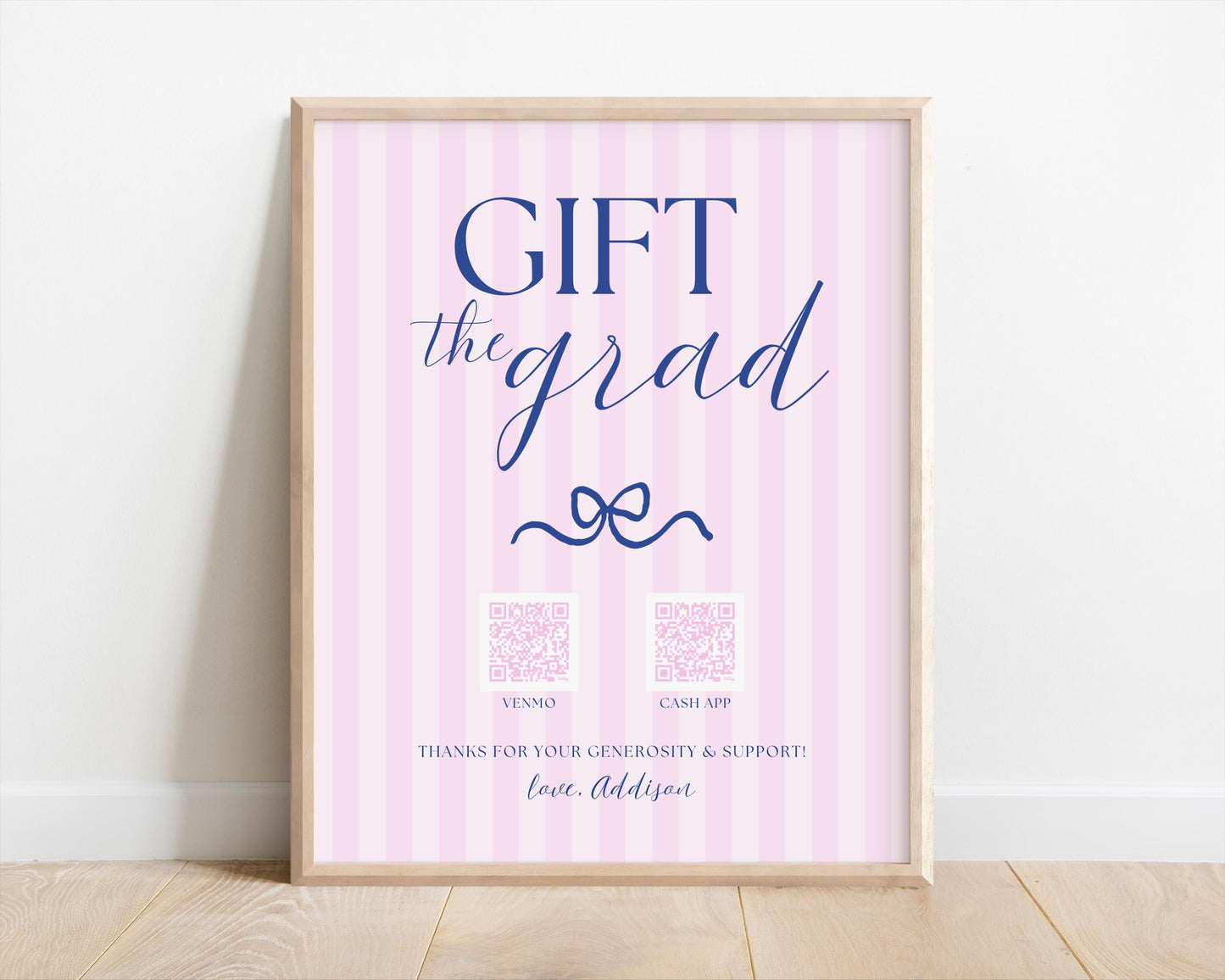Gift the Grad QR Code Sign | Pink Navy Bow Graduation Party Decor | Preppy Graduation Gift Table | Editable Canva Template