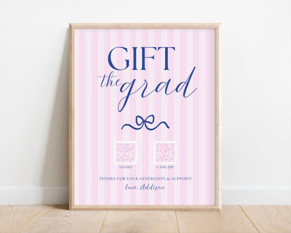 Gift the Grad QR Code Sign | Pink Navy Bow Graduation Party Decor | Preppy Graduation Gift Table | Editable Canva Template