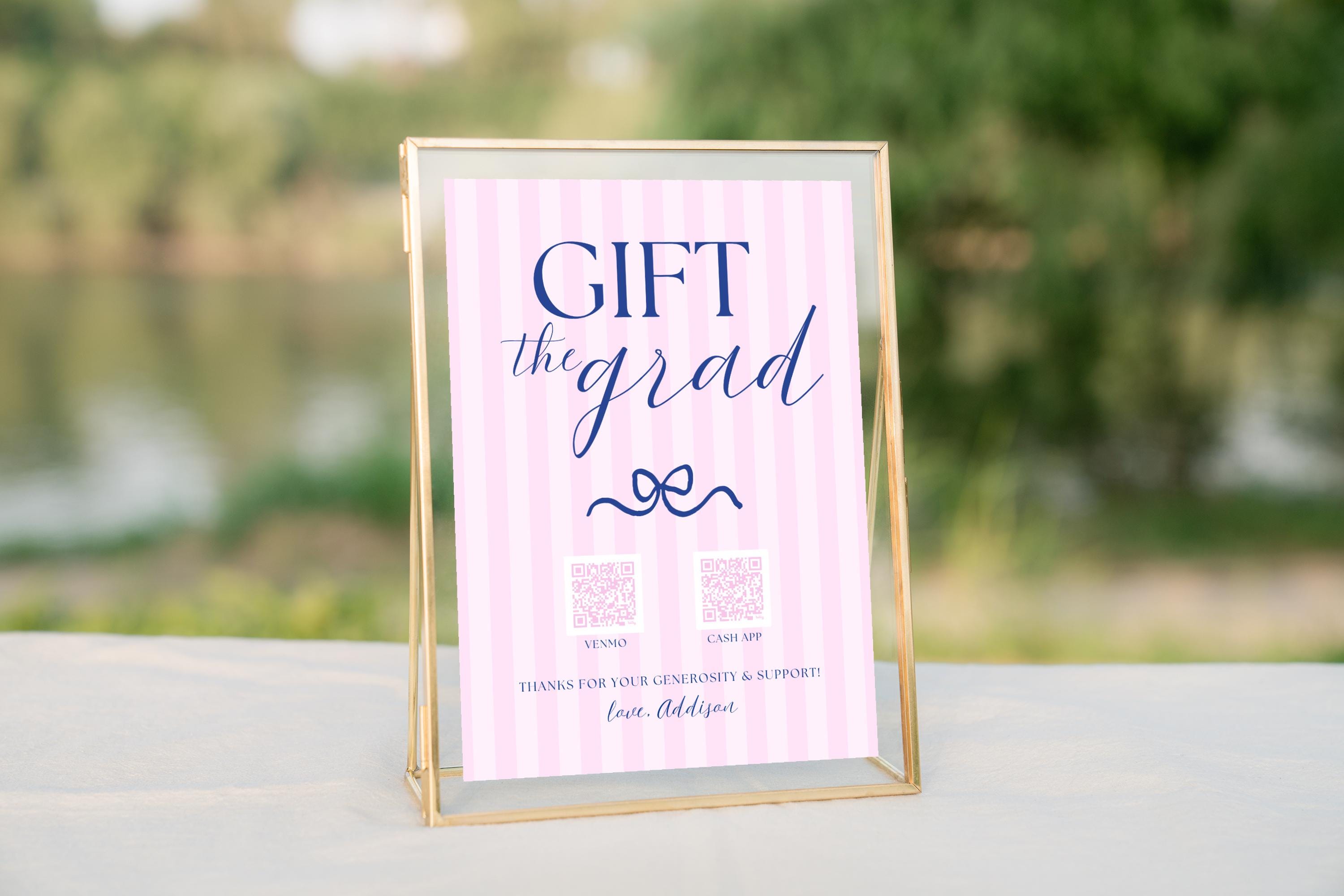 Gift the Grad QR Code Sign | Pink Navy Bow Graduation Party Decor ...