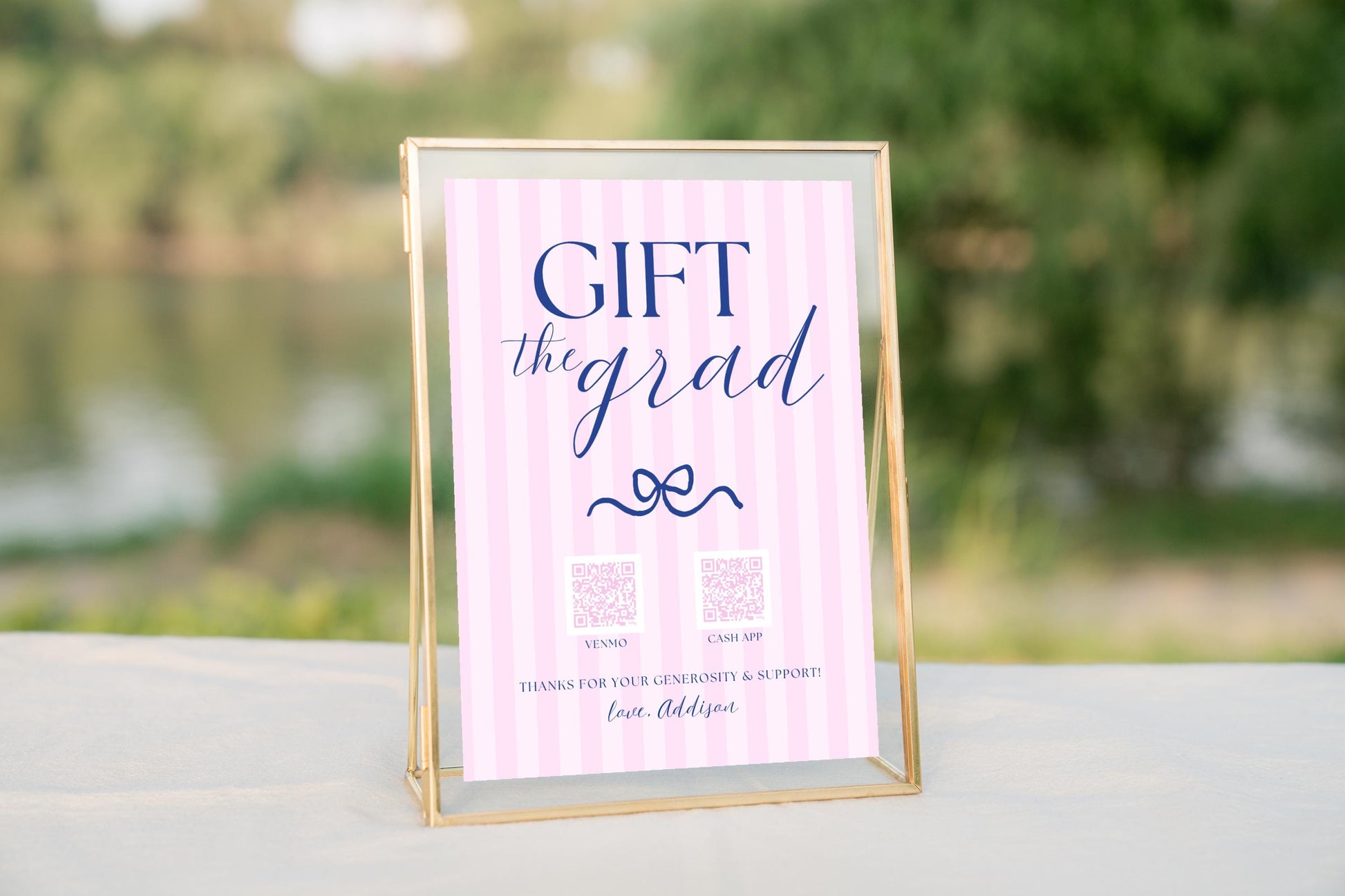 Gift the Grad QR Code Sign | Pink Navy Bow Graduation Party Decor | Preppy Graduation Gift Table | Editable Canva Template