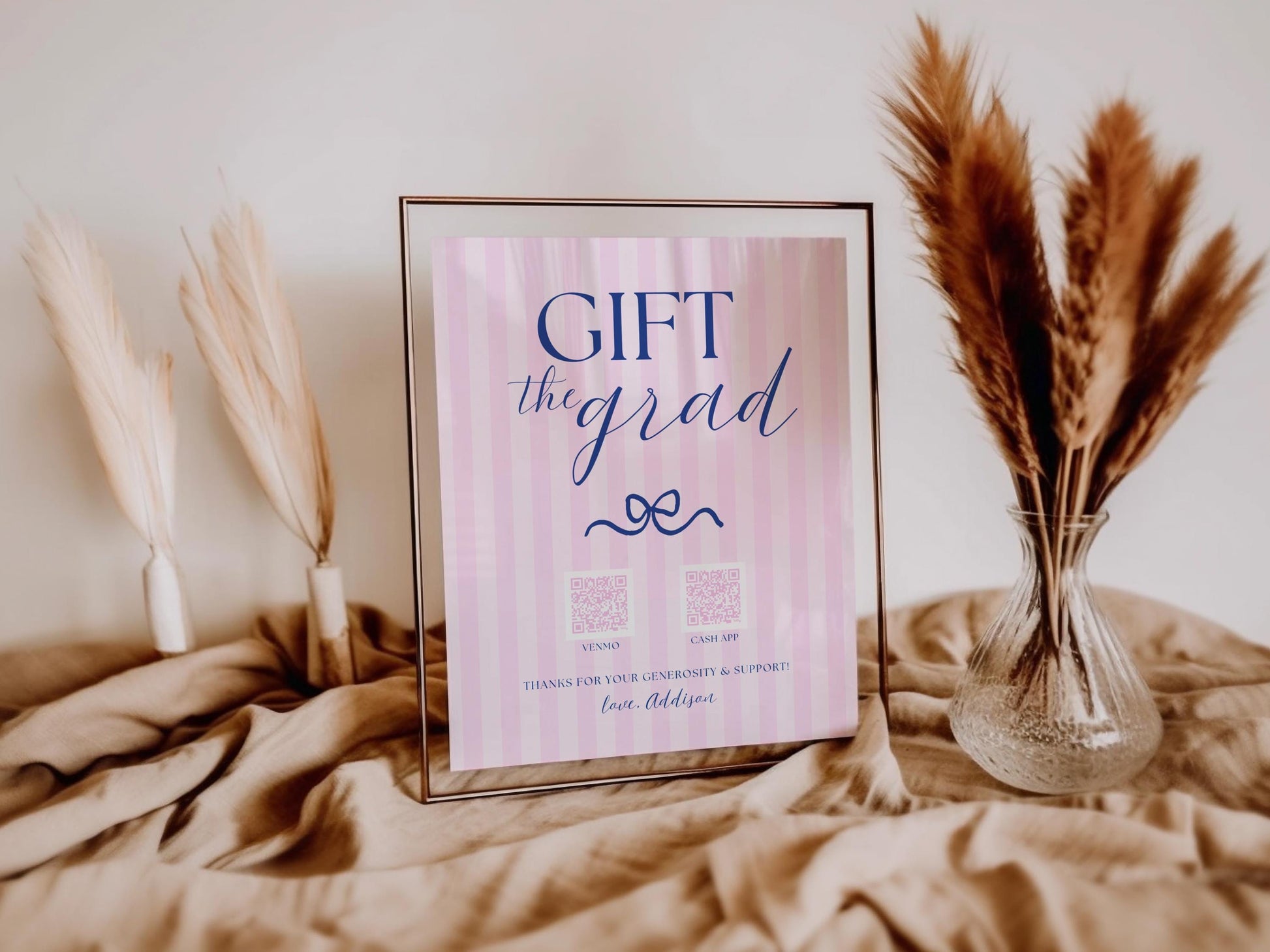 Gift the Grad QR Code Sign | Pink Navy Bow Graduation Party Decor | Preppy Graduation Gift Table | Editable Canva Template
