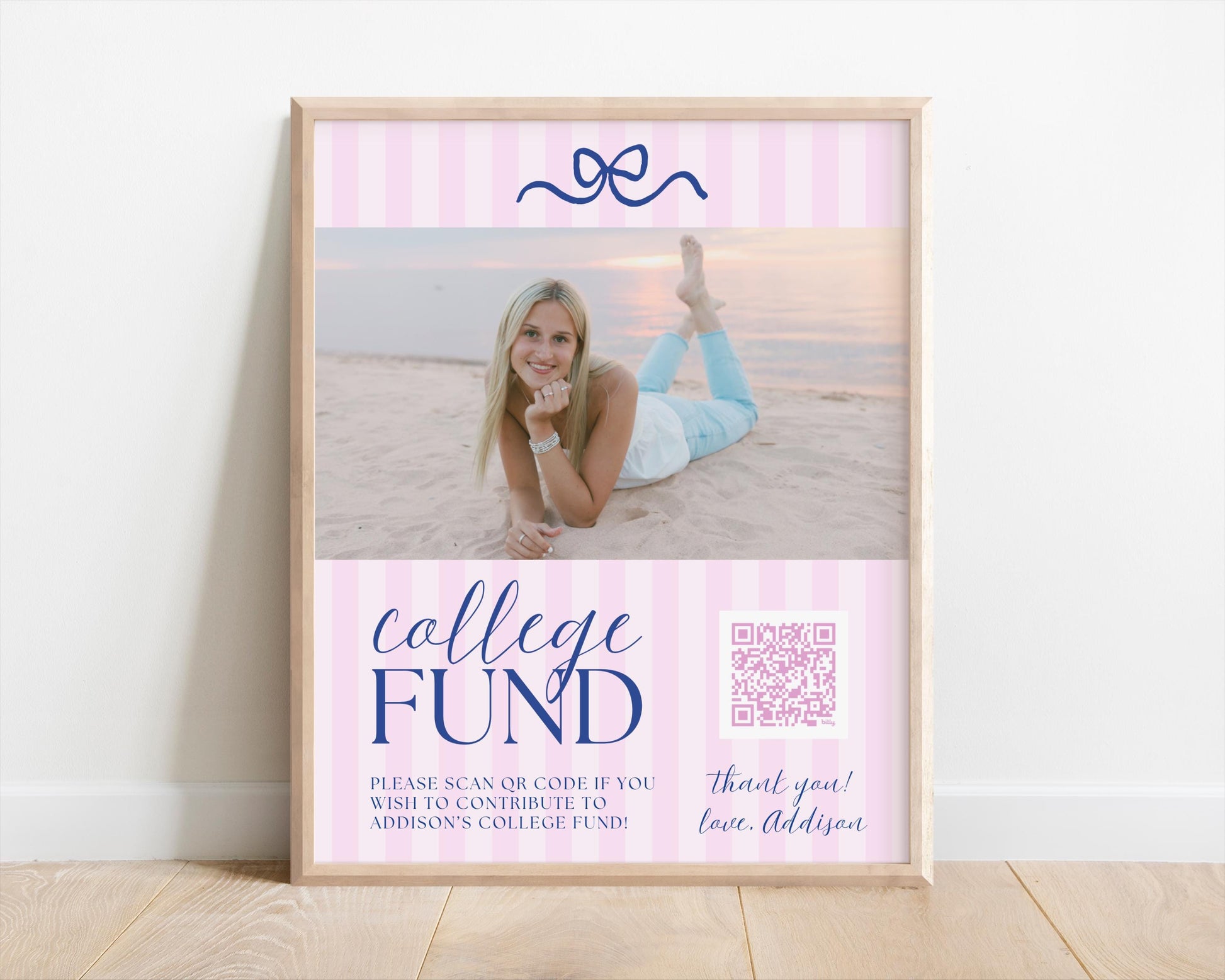 College Fund QR Code Sign with Photo | Pink Navy Bow Graduation Party Sign | Preppy Gift Table Printable Decor | Editable Canva Template