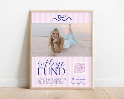College Fund QR Code Sign with Photo | Pink Navy Bow Graduation Party Sign | Preppy Gift Table Printable Decor | Editable Canva Template