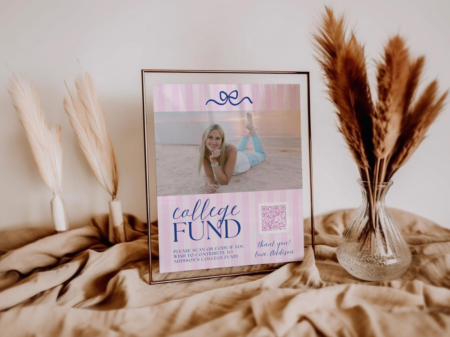 College Fund QR Code Sign with Photo | Pink Navy Bow Graduation Party Sign | Preppy Gift Table Printable Decor | Editable Canva Template