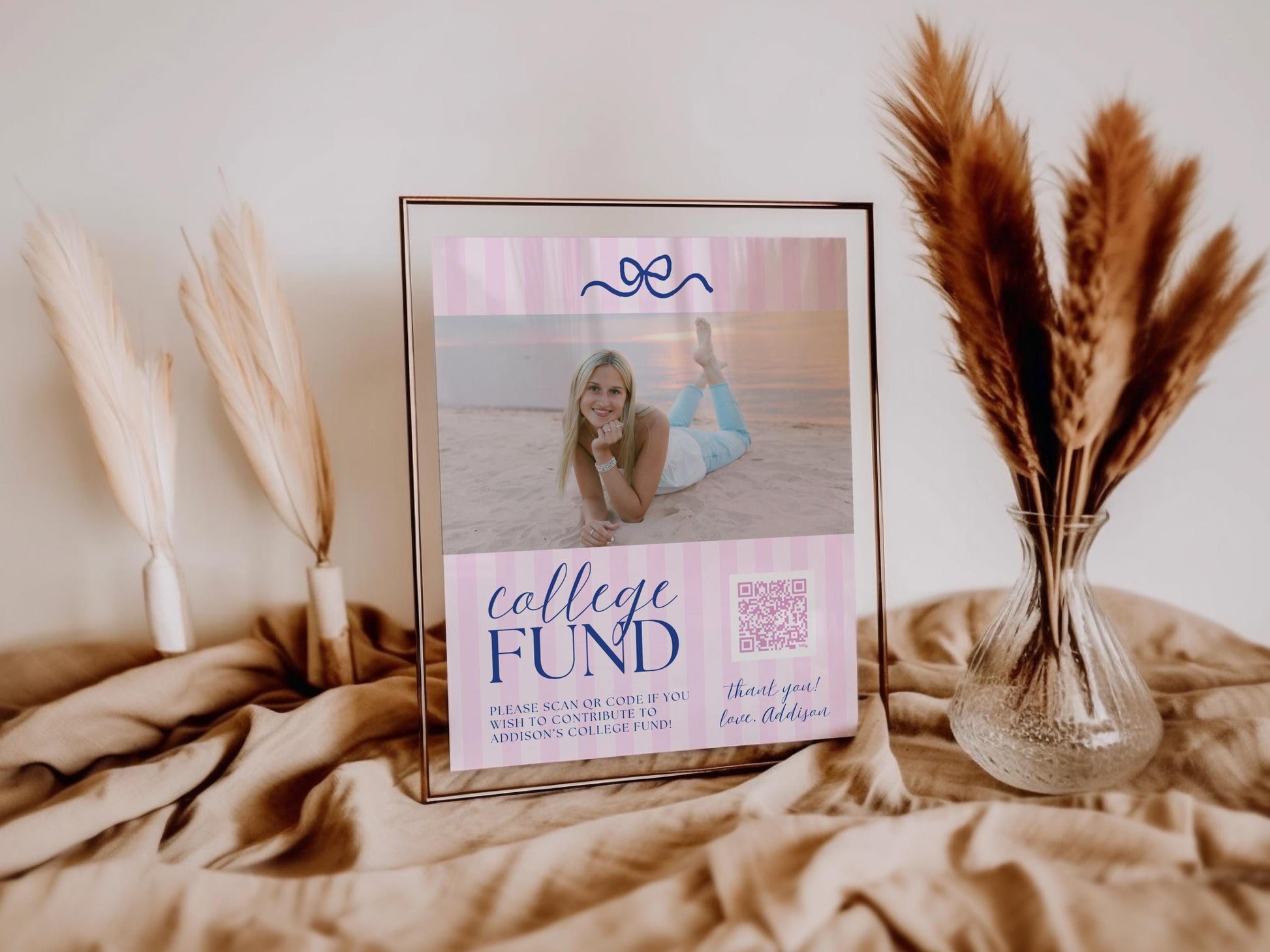 College Fund QR Code Sign with Photo | Pink Navy Bow Graduation Party Sign | Preppy Gift Table Printable Decor | Editable Canva Template