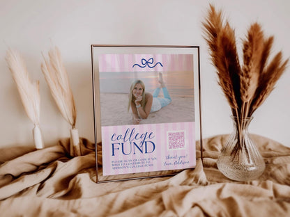 College Fund QR Code Sign with Photo | Pink Navy Bow Graduation Party Sign | Preppy Gift Table Printable Decor | Editable Canva Template