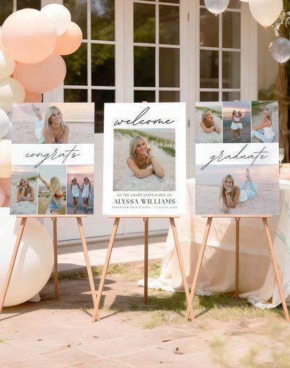 Graduation Photo Collage Sign Set, Minimalist Grad Party Welcome Sign, Editable Canva Templates