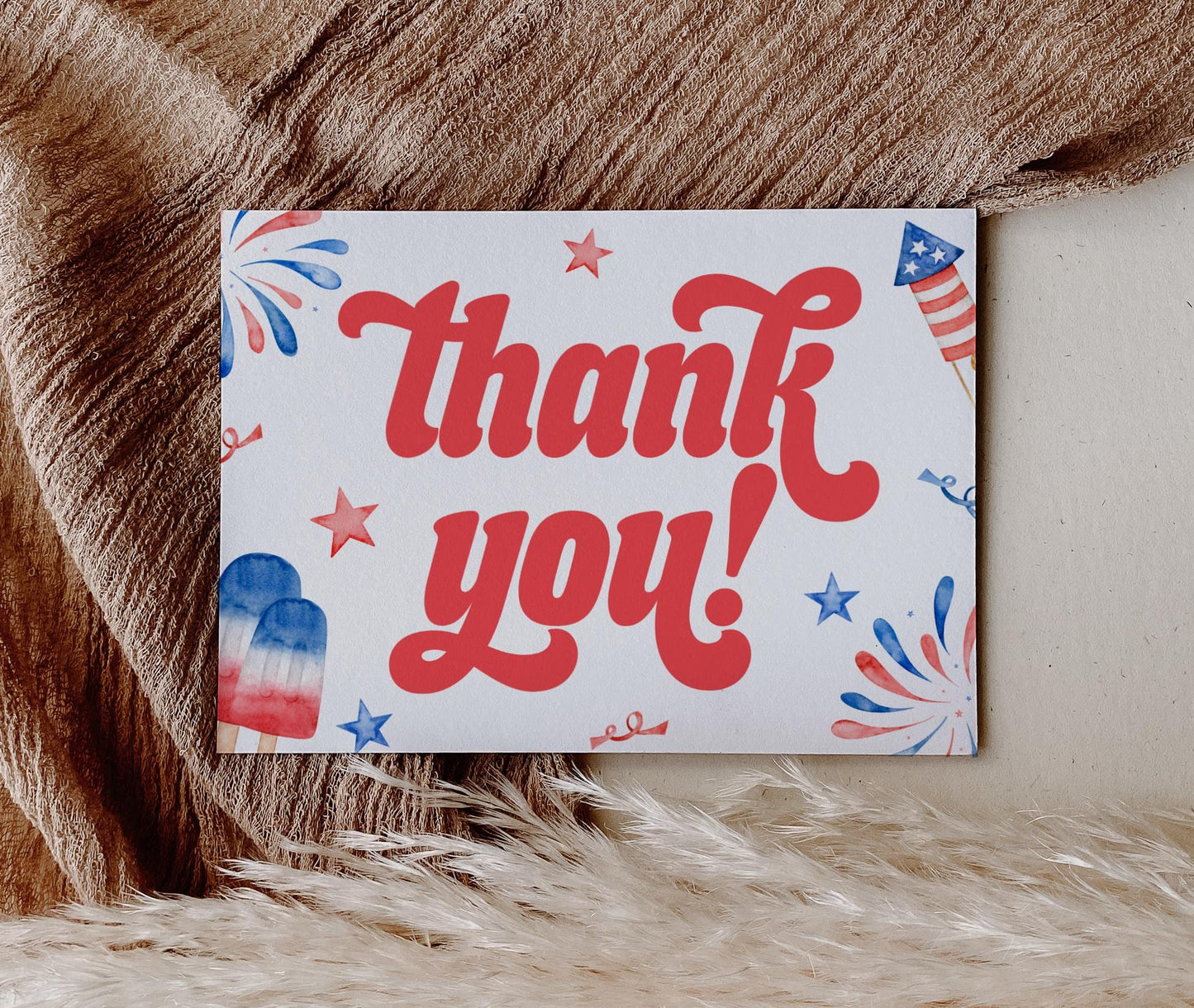 Red White and Due Thank You Card, Red White and Two Party, 4th of July, Patriotic Thank You Note Card Printable, INSTANT DOWNLOAD