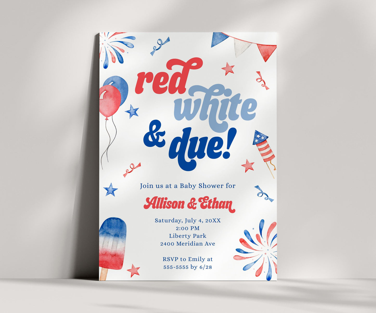 Red White and Due Thank You Card, Red White and Two Party, 4th of July, Patriotic Thank You Note Card Printable, INSTANT DOWNLOAD