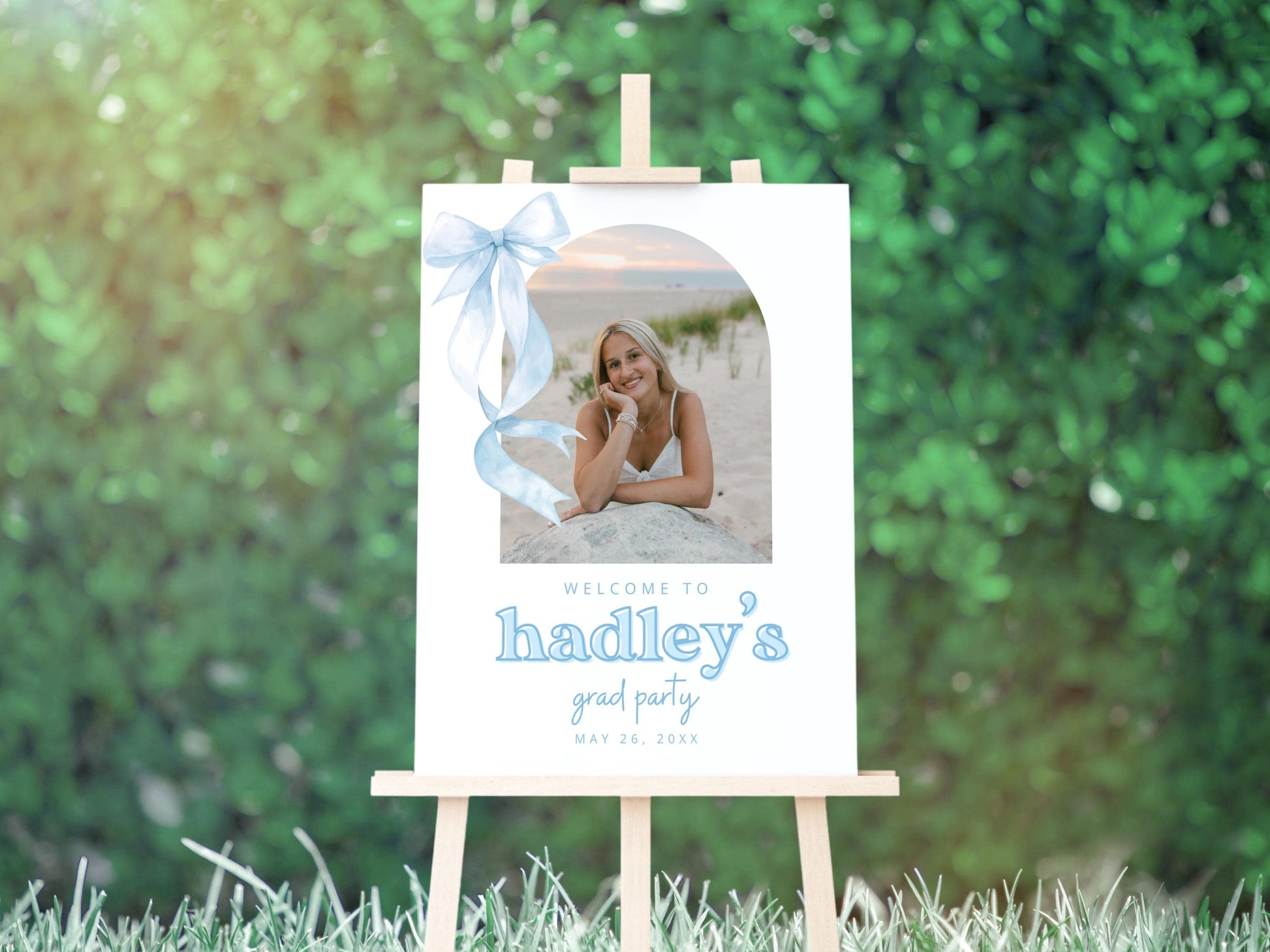 Blue Bow Graduation Welcome Sign, Canva Template, Editable Grad Party Sign, Arch Photo Aesthetic Decor, Coquette Bow