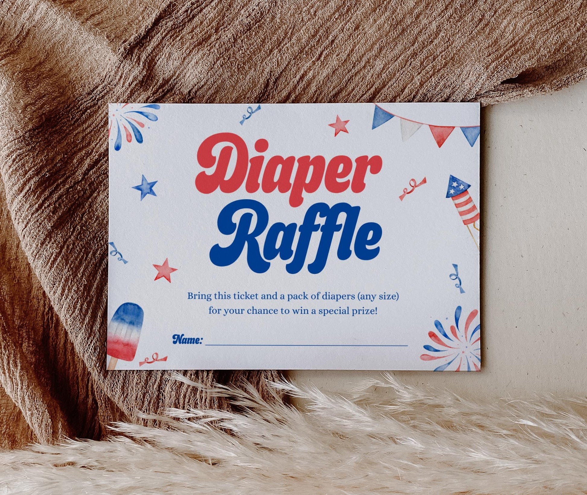 Red White and Due Diaper Raffle Set, 4th of July Baby Shower Game, Editable Sign and Ticket, Printable Download