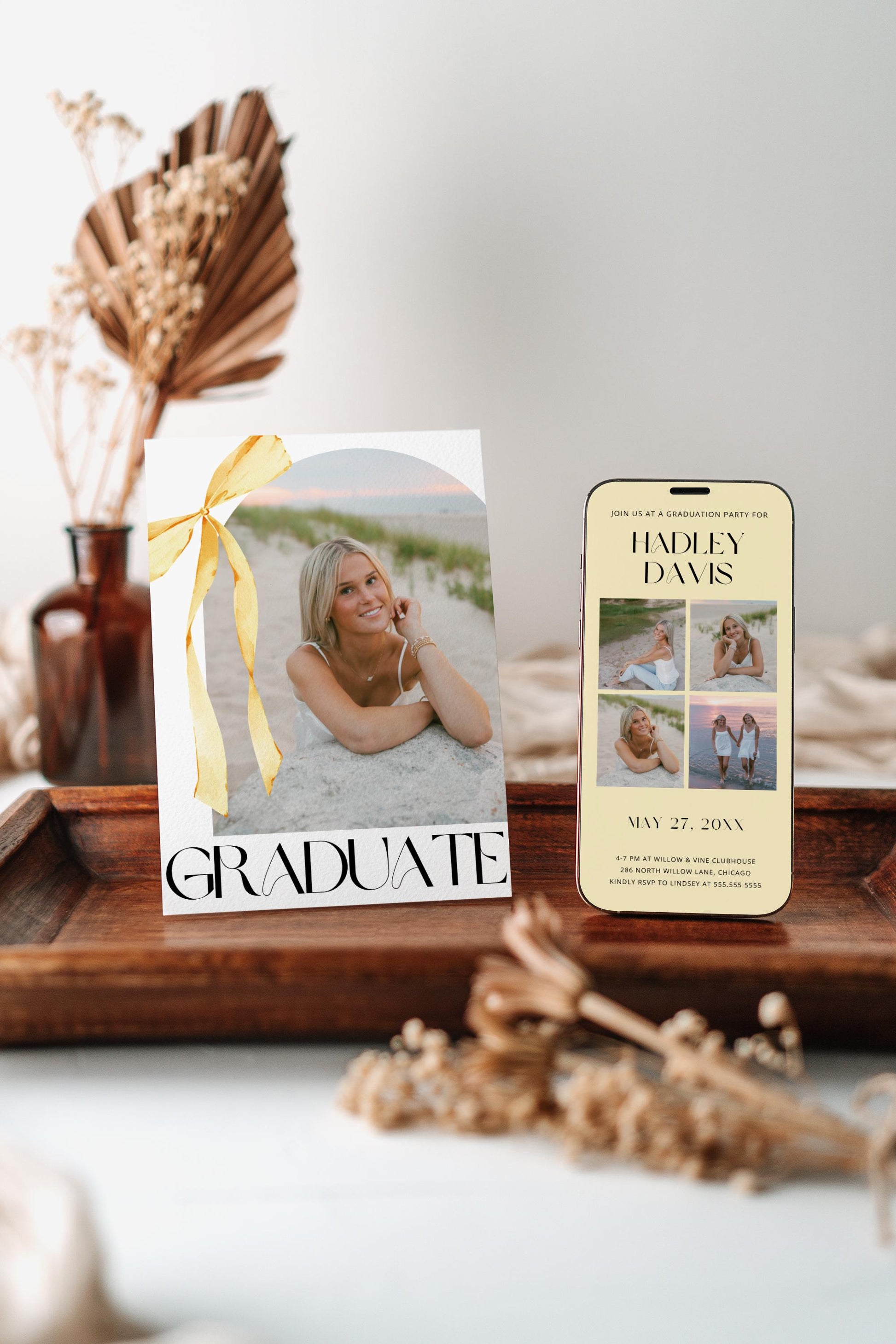 Yellow Bow Graduation Invitation, Canva Template, Editable Girly Grad Party Invite, Coquette Bow, Aesthetic Senior Announcement Photo