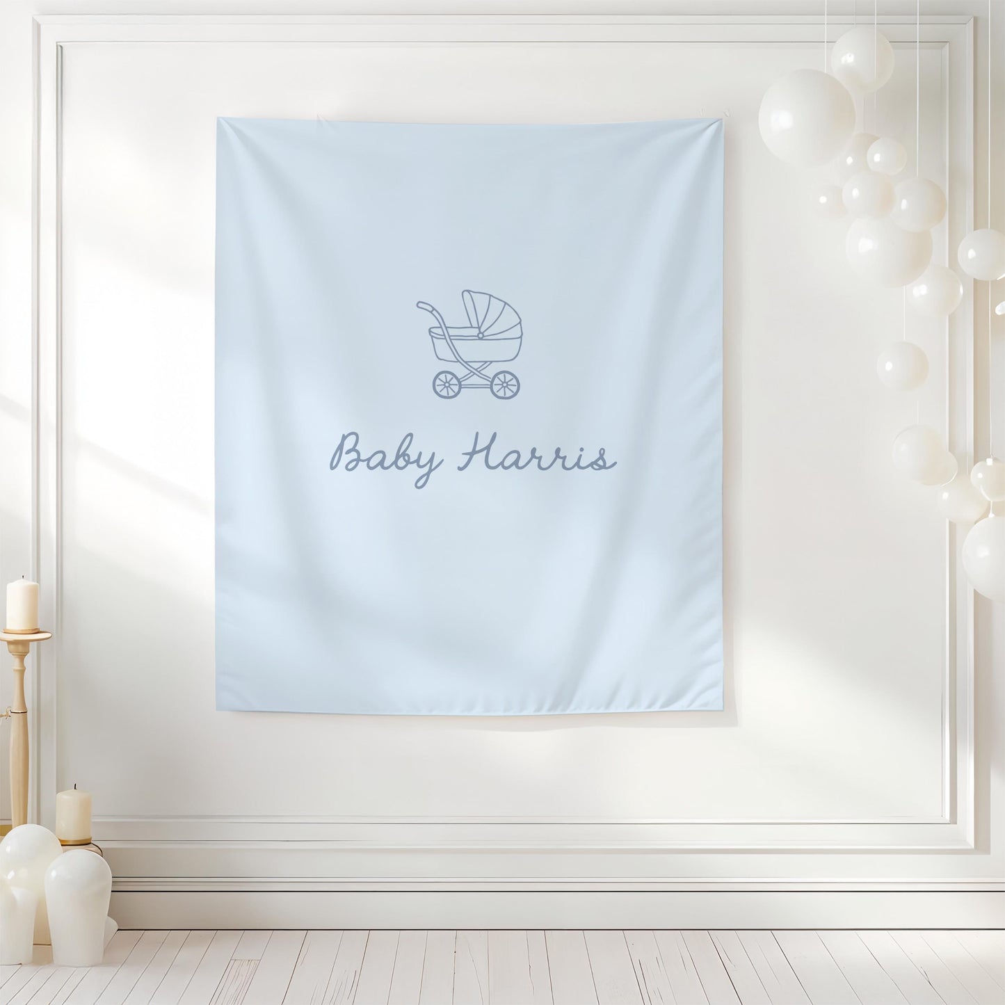 Blue Baby Shower Backdrop, Baby Carriage Banner, Personalized Baby Shower Banner, Nursery Wall Hanging, Boy Baby Shower Decor