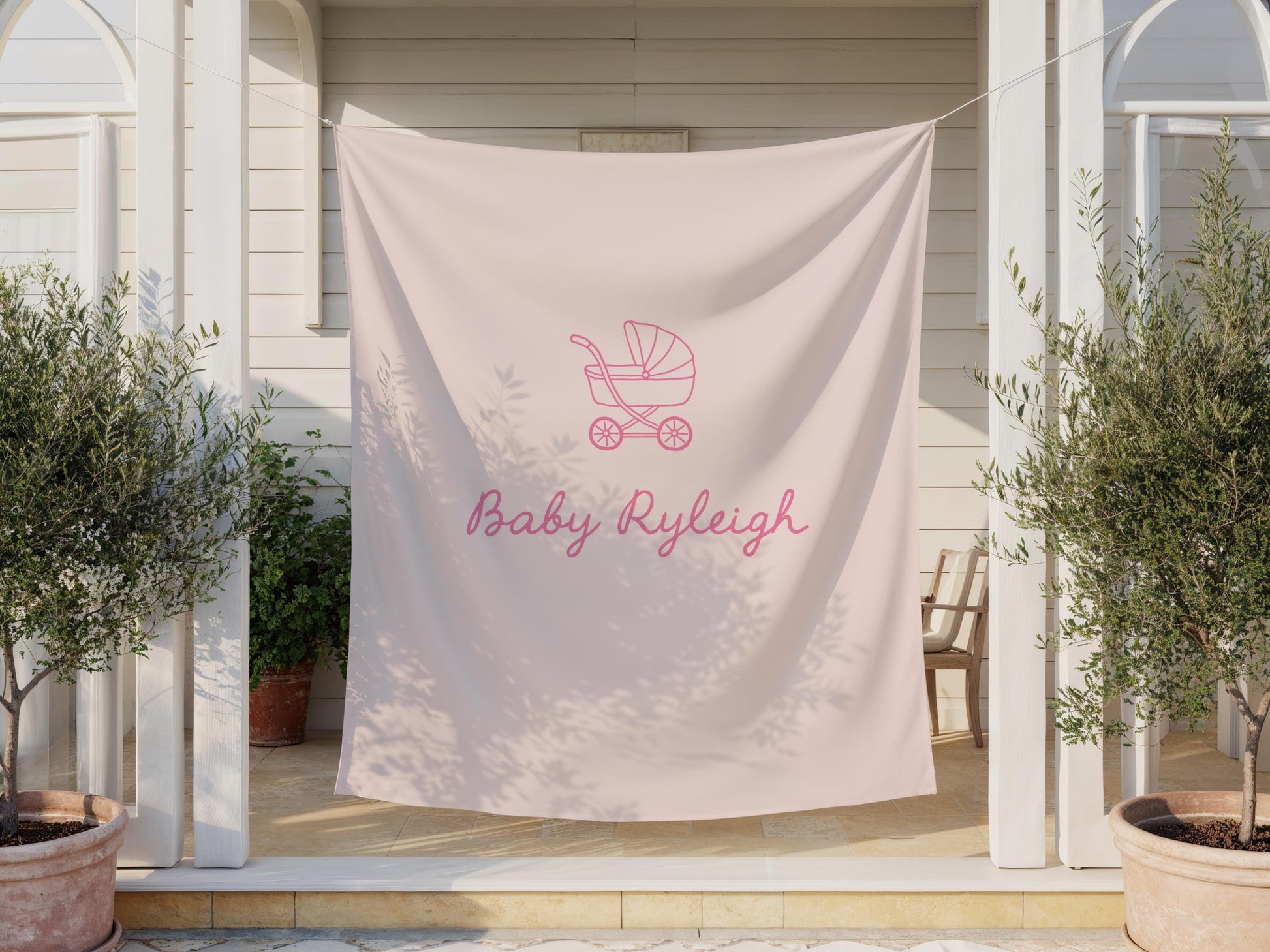 Pink Baby Shower Backdrop, Baby Carriage Banner, Personalized Baby Shower Banner, Nursery Wall Hanging, Girl Baby Shower Decor