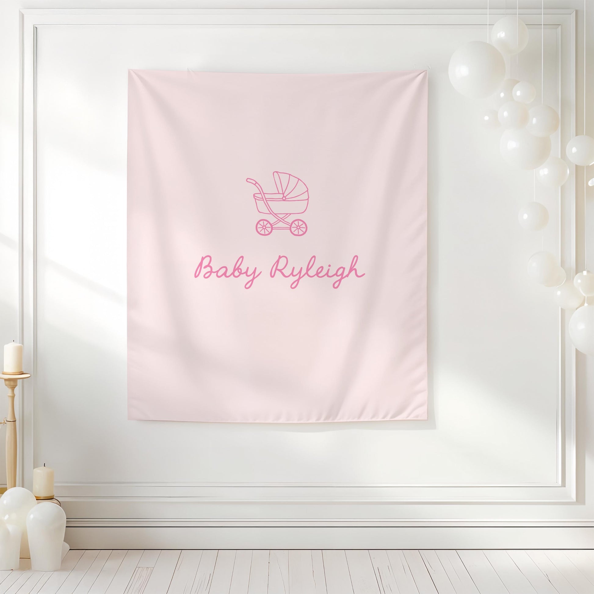 Pink Baby Shower Backdrop, Baby Carriage Banner, Personalized Baby Shower Banner, Nursery Wall Hanging, Girl Baby Shower Decor