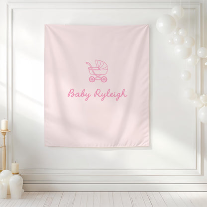 Pink Baby Shower Backdrop, Baby Carriage Banner, Personalized Baby Shower Banner, Nursery Wall Hanging, Girl Baby Shower Decor