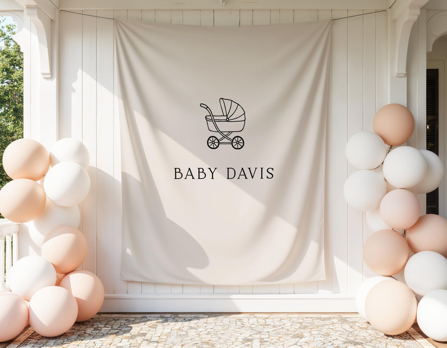 Neutral Baby Shower Backdrop, Personalized Baby Banner, Baby Carriage Backdrop, Beige Baby Shower Decor, Nursery Wall Hanging