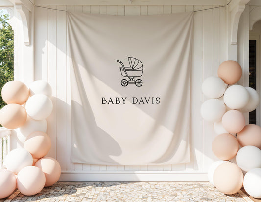 Neutral Baby Shower Backdrop, Personalized Baby Banner, Baby Carriage Backdrop, Beige Baby Shower Decor, Nursery Wall Hanging