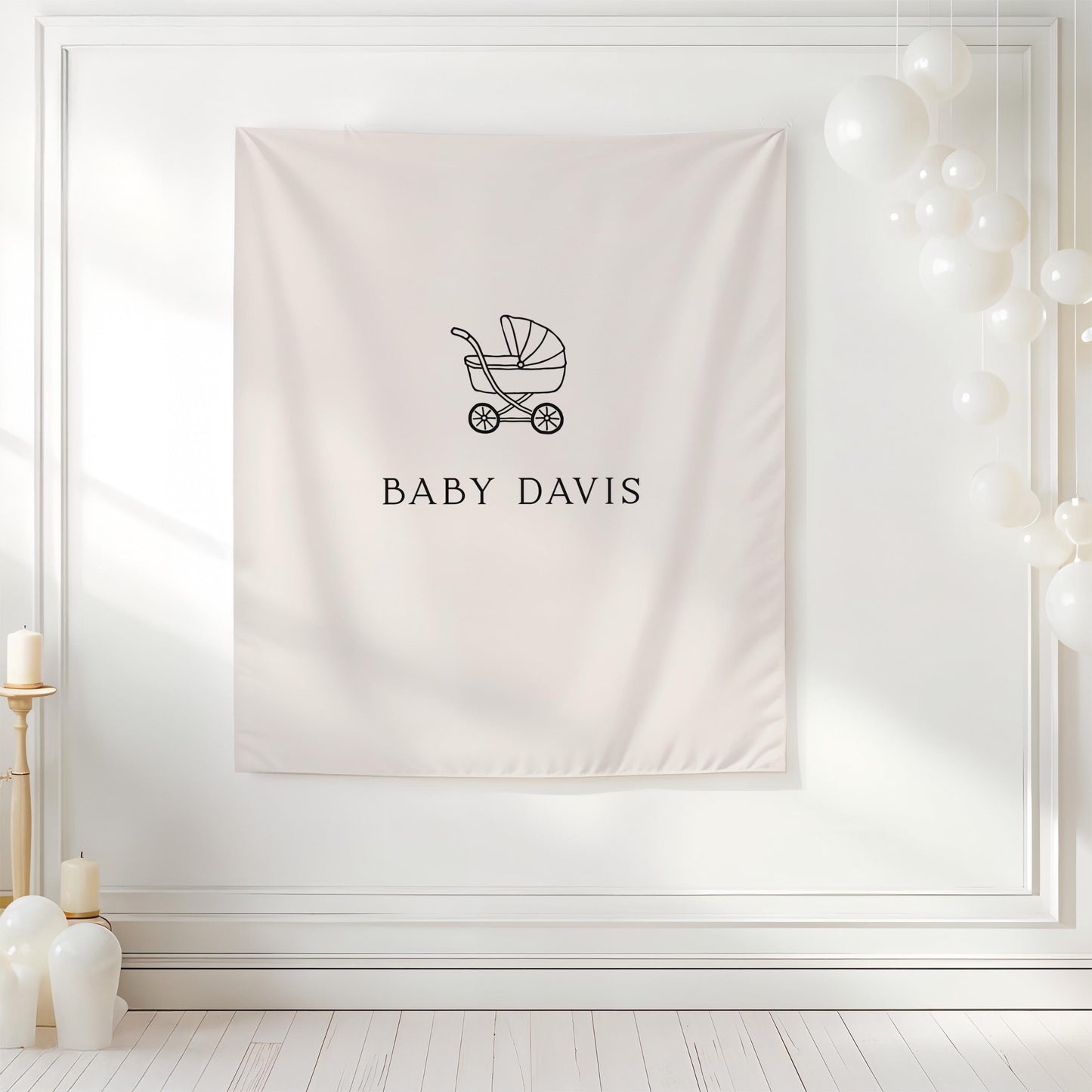Neutral Baby Shower Backdrop, Personalized Baby Banner, Baby Carriage Backdrop, Beige Baby Shower Decor, Nursery Wall Hanging