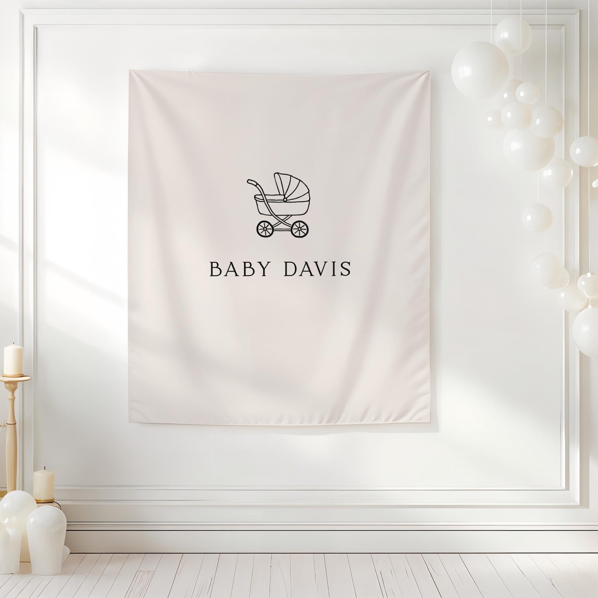 Neutral Baby Shower Backdrop, Personalized Baby Banner, Baby Carriage Backdrop, Beige Baby Shower Decor, Nursery Wall Hanging