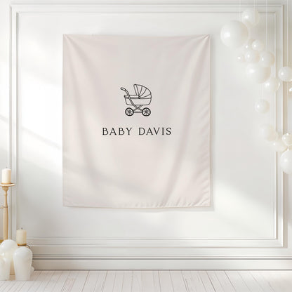 Neutral Baby Shower Backdrop, Personalized Baby Banner, Baby Carriage Backdrop, Beige Baby Shower Decor, Nursery Wall Hanging