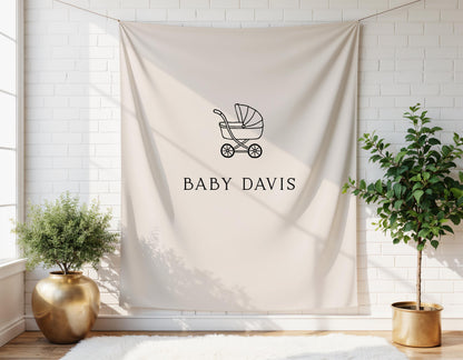 Neutral Baby Shower Backdrop, Personalized Baby Banner, Baby Carriage Backdrop, Beige Baby Shower Decor, Nursery Wall Hanging