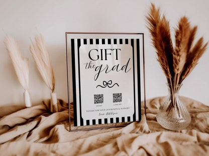 Gift the Grad QR Code Sign | Black and White Bow Graduation Party Decor | Graduation Gift Table | Editable Canva Template