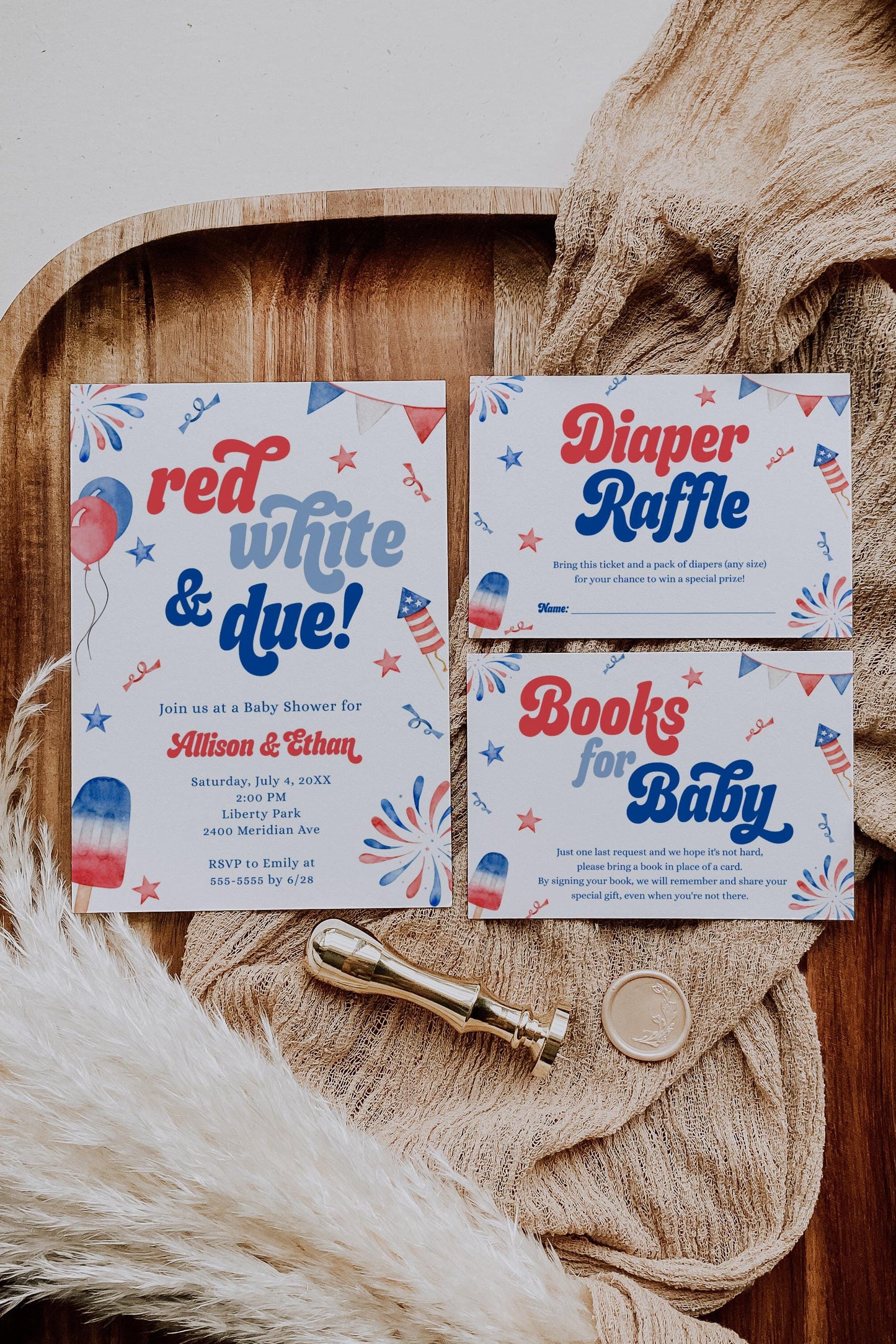 Red White and Due Invitation Bundle, 4th of July Baby Shower Invitation Suite, Diaper Raffle and Books for Baby Insert, Digital Phone Evite
