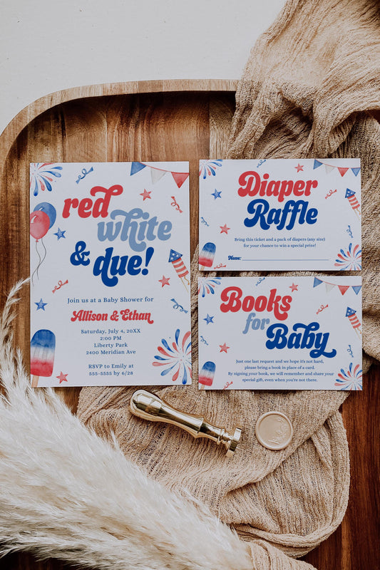 Red White and Due Invitation Bundle, 4th of July Baby Shower Invitation Suite, Diaper Raffle and Books for Baby Insert, Digital Phone Evite