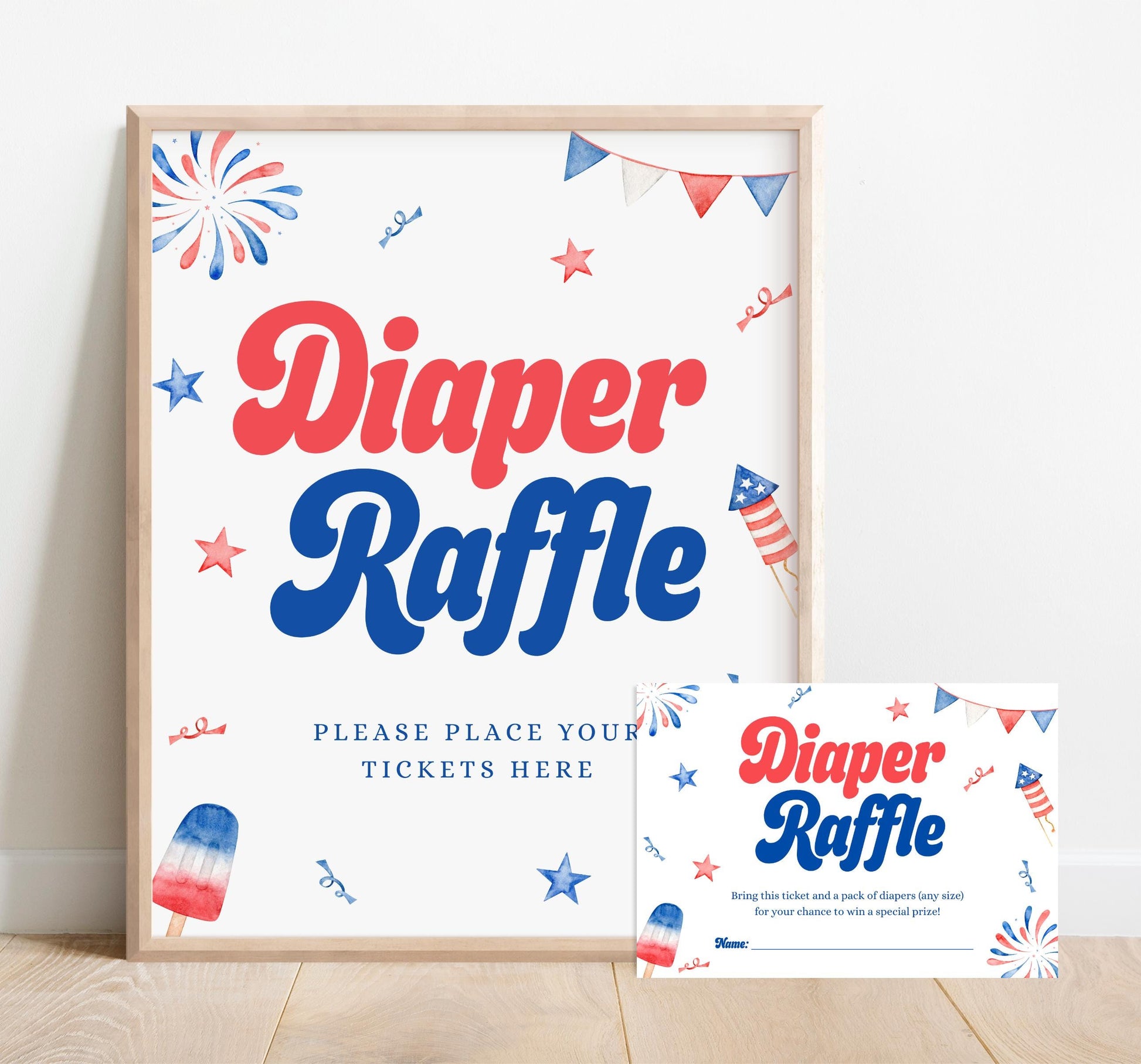 Red White and Due Diaper Raffle Set, 4th of July Baby Shower Game, Editable Sign and Ticket, Printable Download