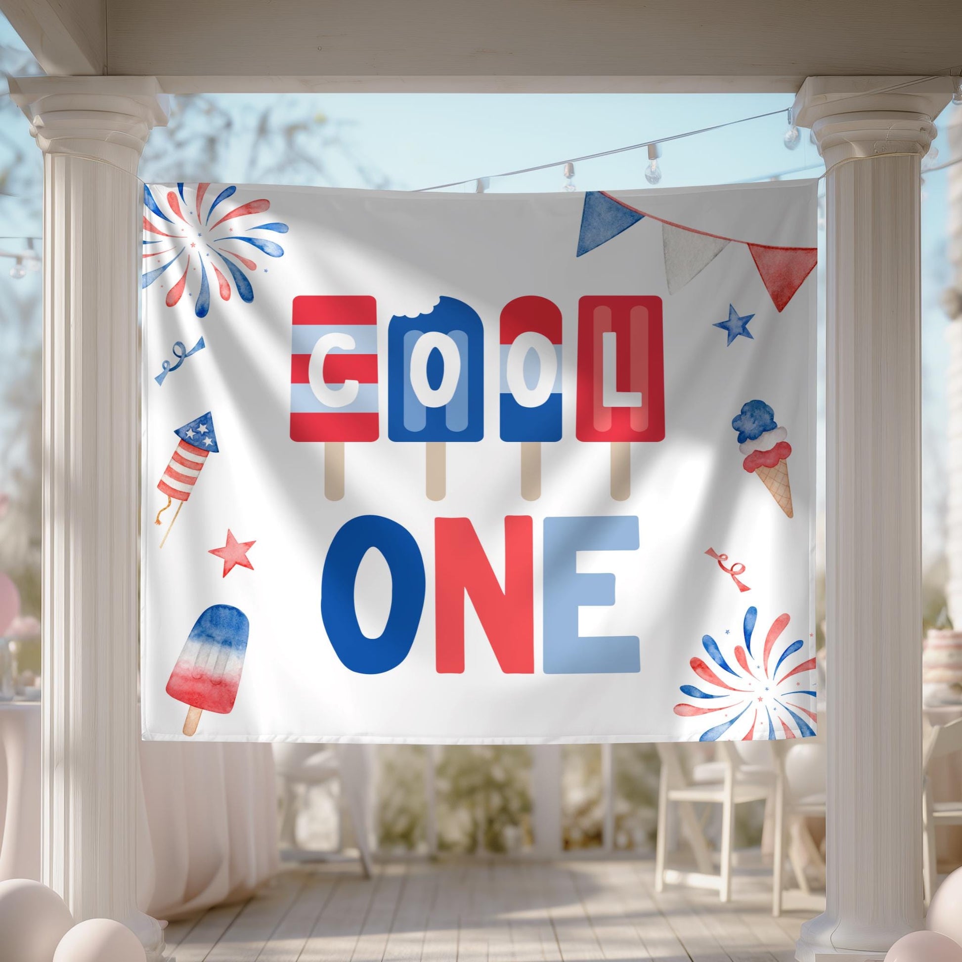 Cool ONE 1st Birthday Backdrop, Red White Blue Popsicle First Birthday Party Sign - 4th of July Birthday, Patriotic Fabric Banner