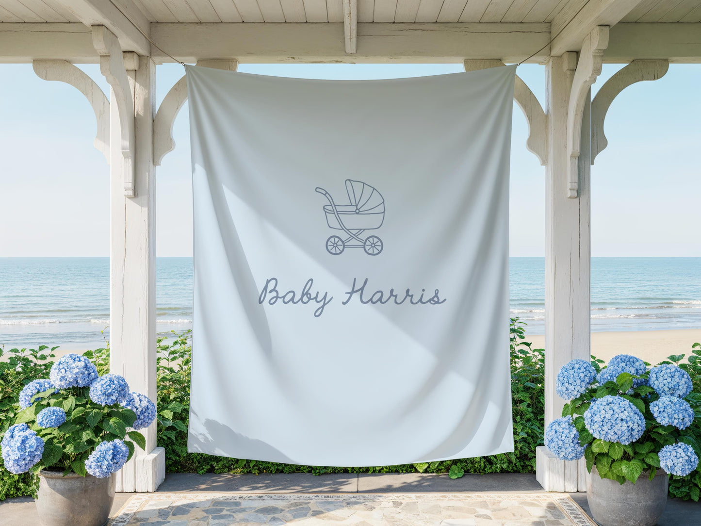 Blue Baby Shower Backdrop, Baby Carriage Banner, Personalized Baby Shower Banner, Nursery Wall Hanging, Boy Baby Shower Decor