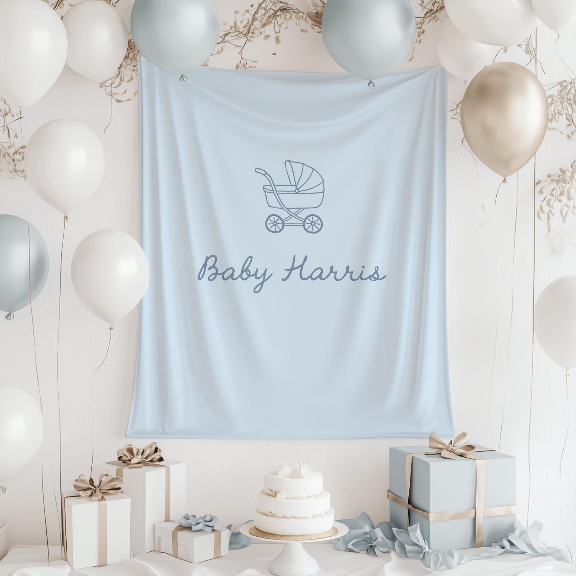 Blue Baby Shower Backdrop, Baby Carriage Banner, Personalized Baby Shower Banner, Nursery Wall Hanging, Boy Baby Shower Decor