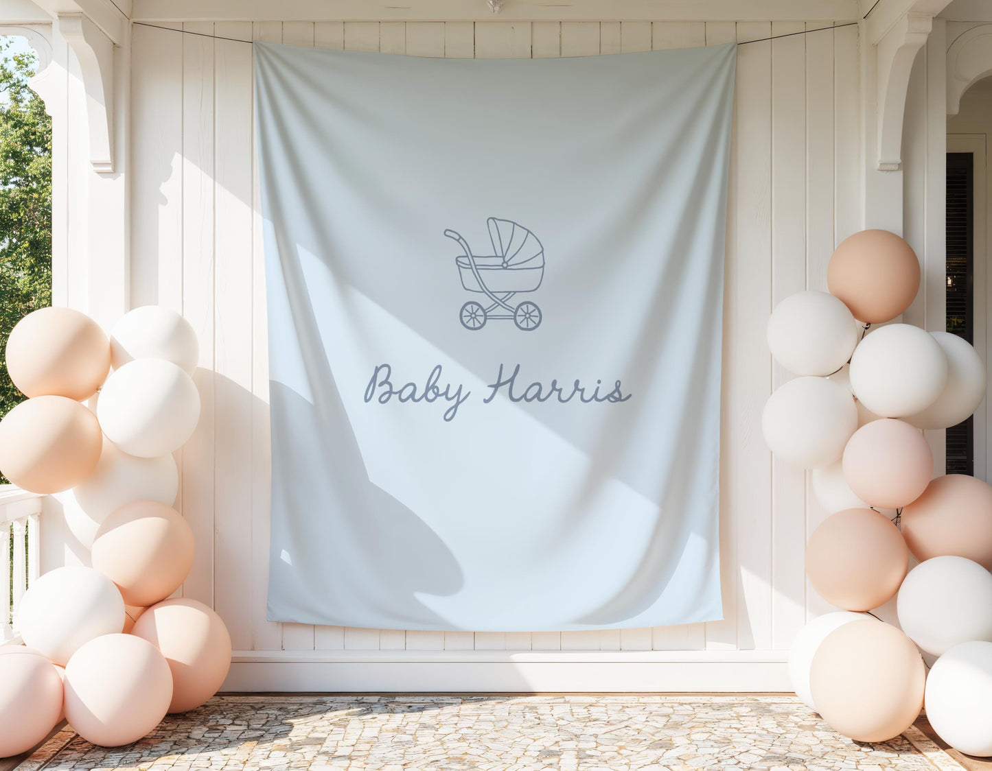 Blue Baby Shower Backdrop, Baby Carriage Banner, Personalized Baby Shower Banner, Nursery Wall Hanging, Boy Baby Shower Decor