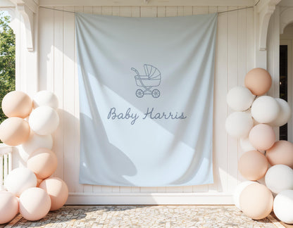 Blue Baby Shower Backdrop, Baby Carriage Banner, Personalized Baby Shower Banner, Nursery Wall Hanging, Boy Baby Shower Decor