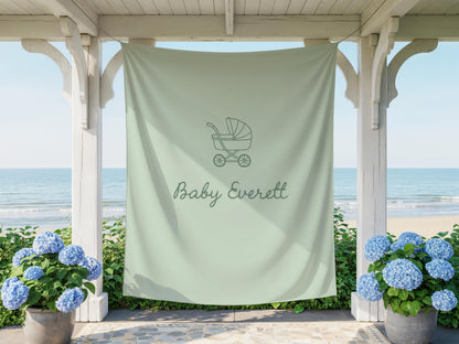 Green Baby Shower Backdrop, Baby Carriage Banner, Personalized Baby Shower Banner, Nursery Wall Hanging, Neutral Baby Shower Decor