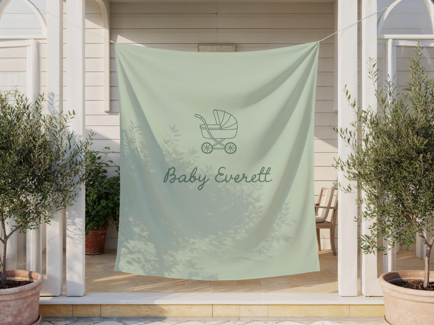 Green Baby Shower Backdrop, Baby Carriage Banner, Personalized Baby Shower Banner, Nursery Wall Hanging, Neutral Baby Shower Decor